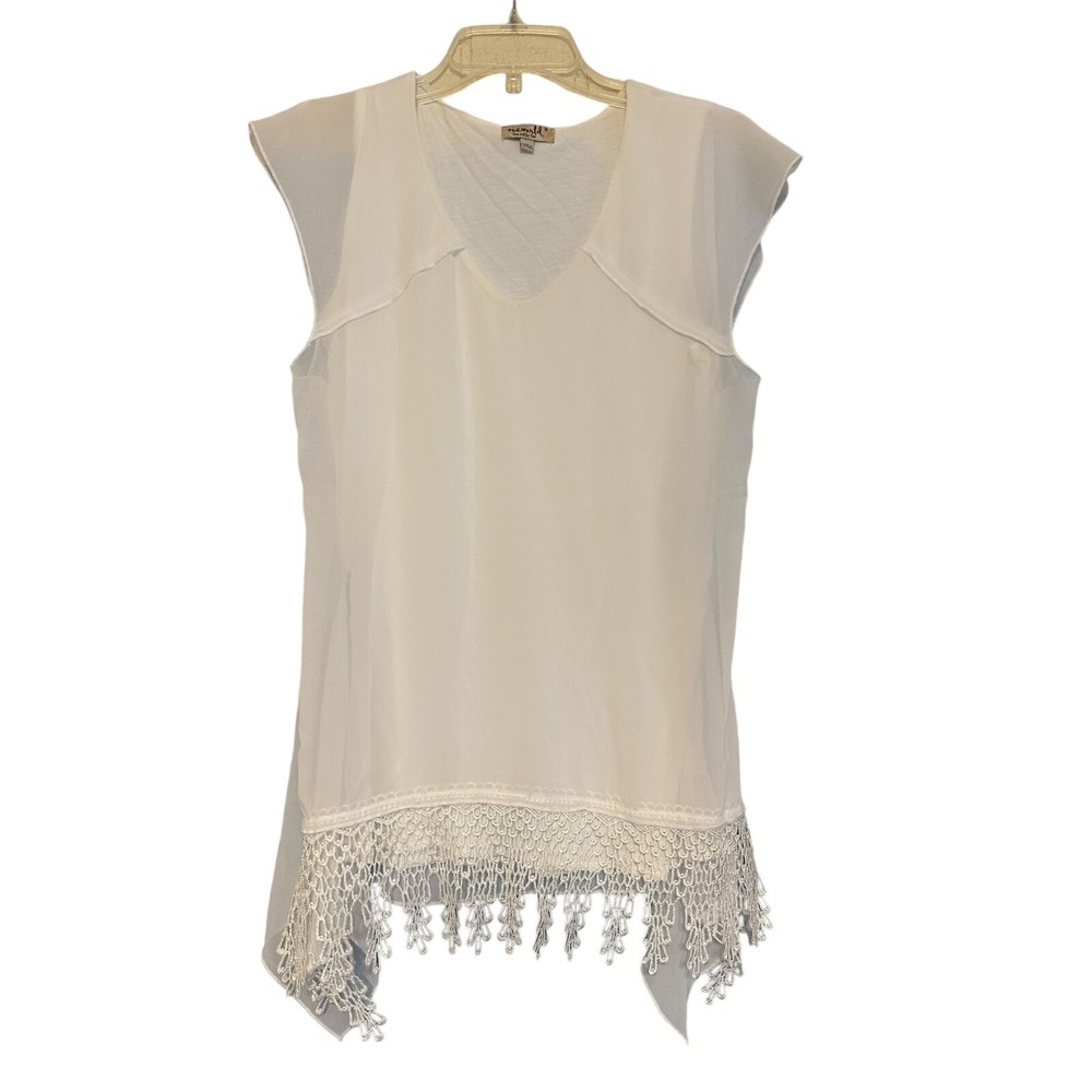 One World Womens White S Crochet Cap Sleeve V Neck Lined Top Blouse Cottagecore